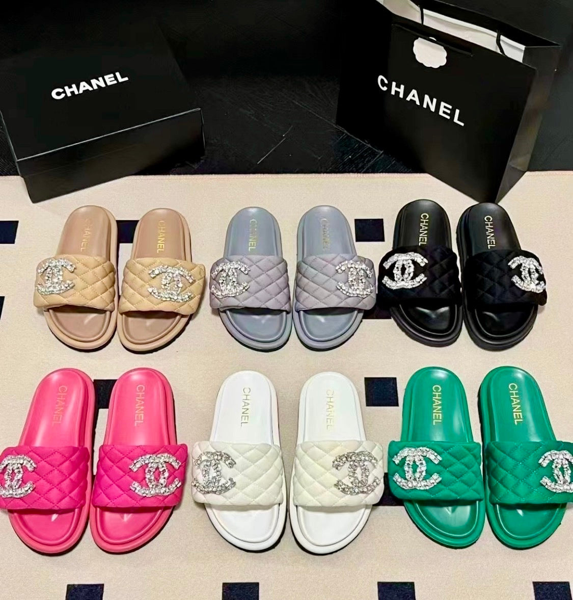 Diamond Quilted Glam Slides-Presale